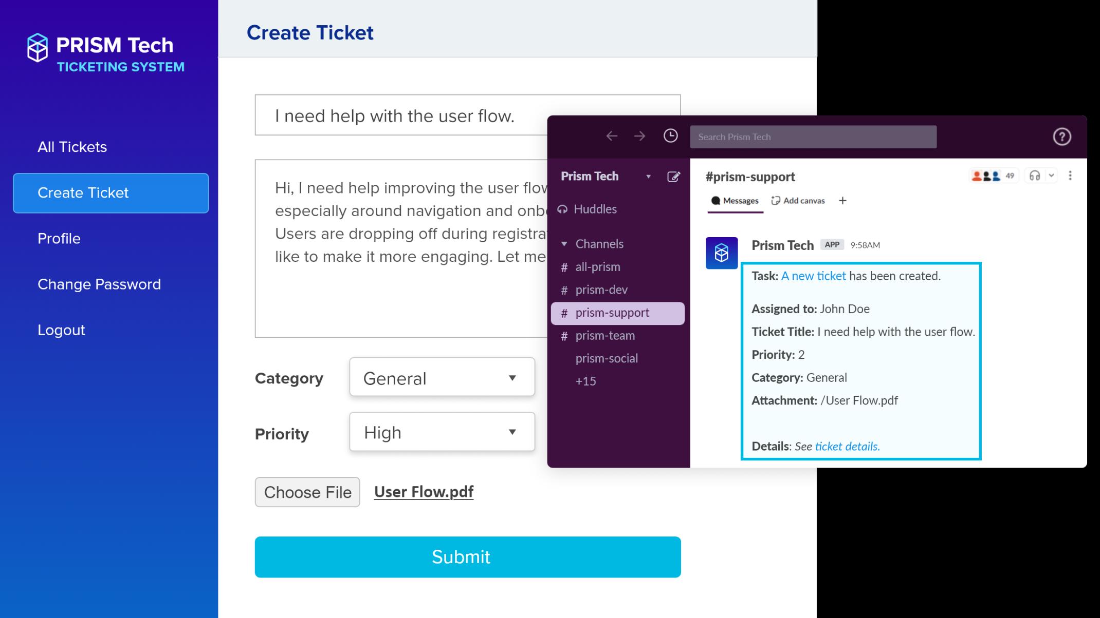New support ticket triggers an immediate Slack notification to the support team channel.