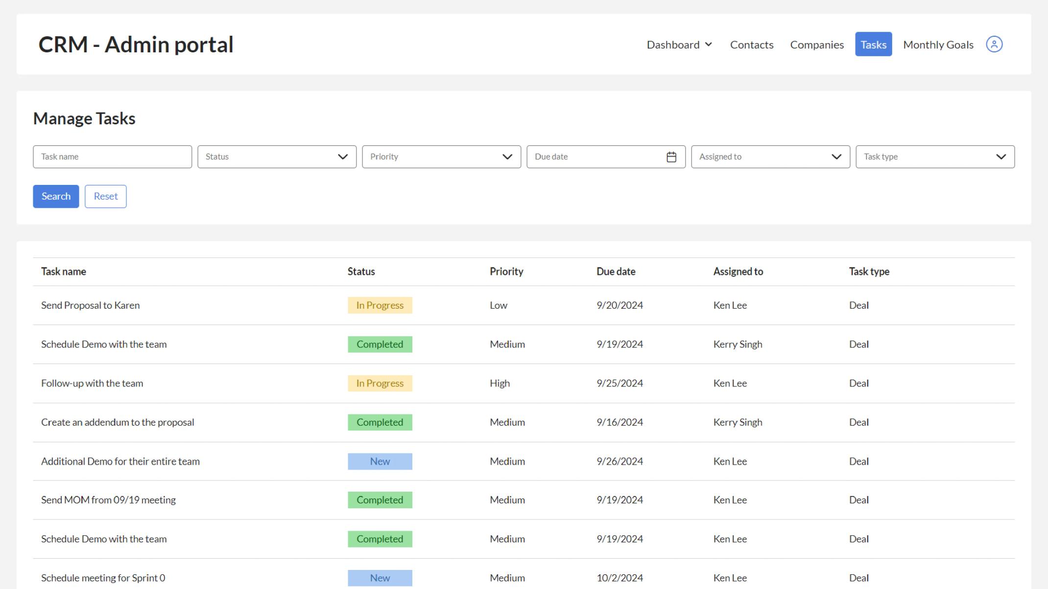 CRM task list with fields for status, priority and due dates.