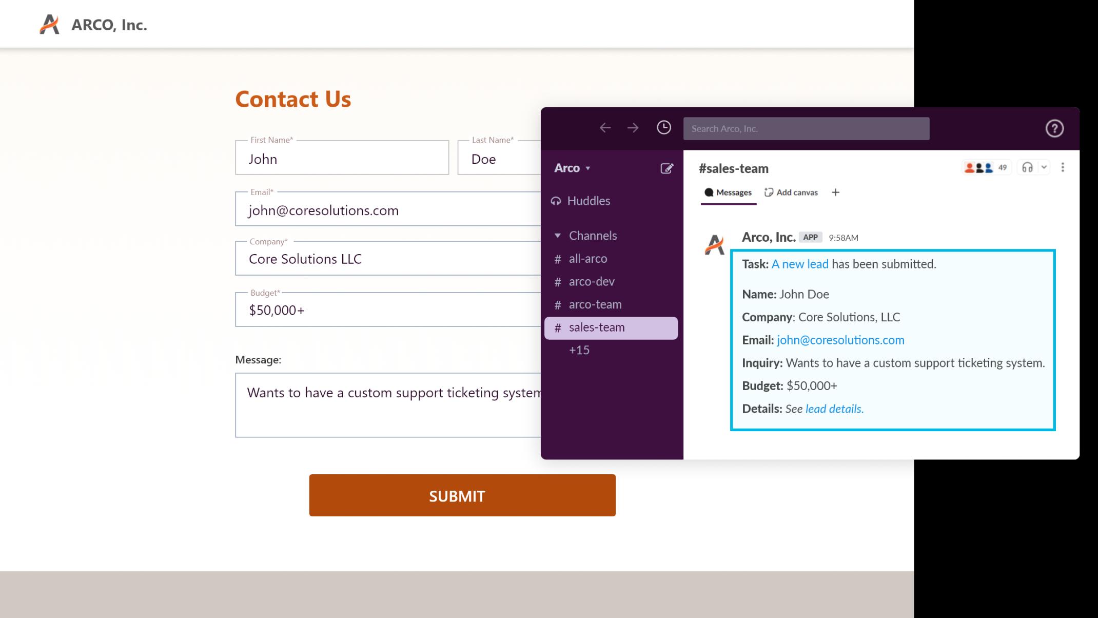 New lead inquiry instantly alerts the sales team via Slack.